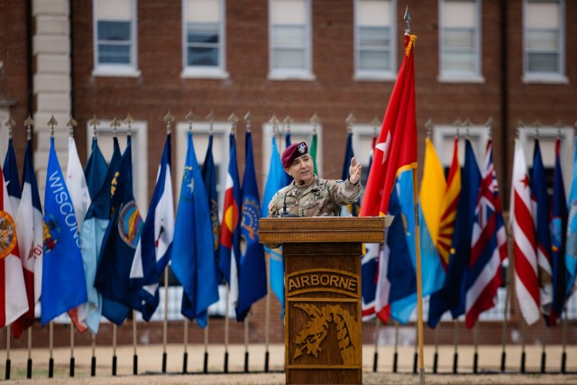 U.S. Army Lt. Gen. Gregory Anderson, XVIII Airborne Corps commanding general, gives a speech during the base redesignation ceremony on Fort Bragg, N.C. March 7, 2025. The renaming of Fort Bragg preserves the installation’s rich history while...