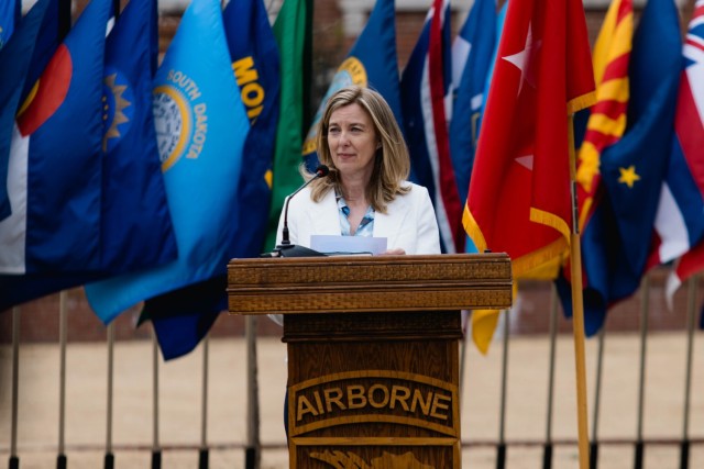 Rebecca Amirpour, the granddaughter of Pfc. Roland L. Bragg, delivers a speech in honor of her grandfather during the base redesignation ceremony on Fort Bragg, N.C. March 7, 2025. The redesignation of Fort Bragg recognizes Pfc. Roland L....