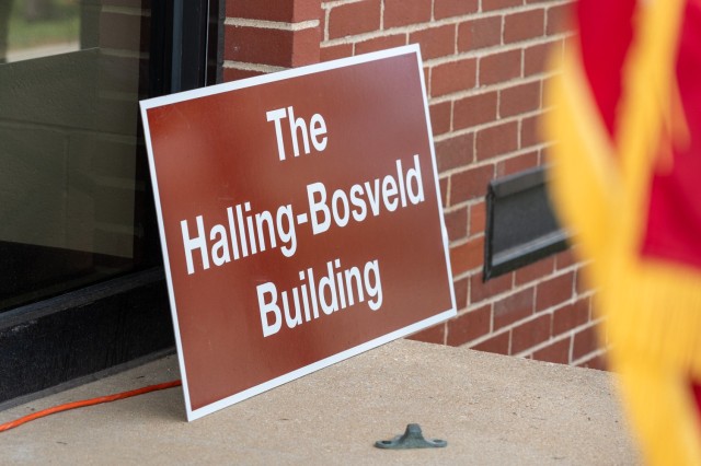 The 14th Military Police Brigade headquarters building, located at Bldg. 844 on Iowa Avenue, now bears the names of two MP Soldiers killed in action, Pfcs. Jesse Halling and Rachel Bosveld, following a building dedication ceremony March 24.