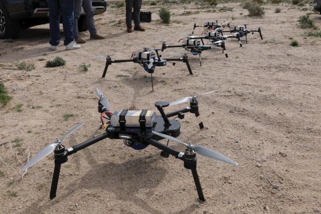 The HIVE unmanned aircraft system prepares to take flight during a human machine integration experiment during Project Convergence – Capstone 4 at Fort Irwin, Calif., March 11, 2024.