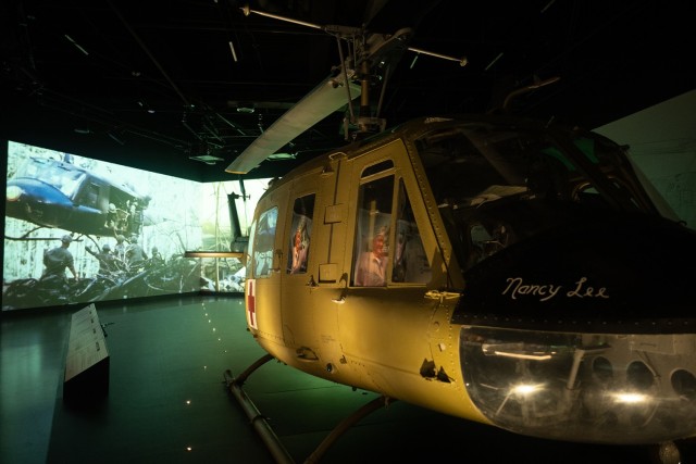 A Huey helicopter flown by Medal of Honor recipient, retired U.S. Army Major General Patrick Brady, is on display at the National Medal of Honor Museum in Arlington, Texas, on March 6, 2025. Brady named the helicopter after his wife, Nancy Lee....