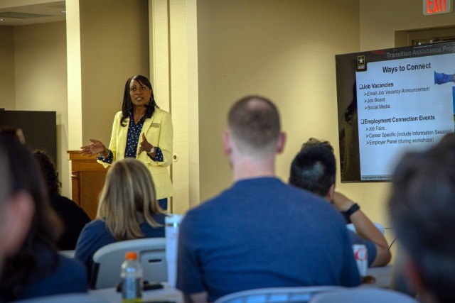 Angela Gaston, transition services manager for Army Community Services, highlights the benefits of hiring Fort Eisenhower’s highly skilled service members to a group of local leadership program participants. Her presentation focused on the...