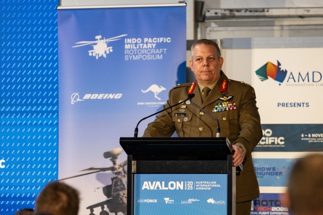Australian Army Maj. Gen. David Hefner, commander of the Australian Army Aviation Command, delivers remarks during the Indo-Pacific Military Rotorcraft Symposium (IPMRS) at the 2025 Avalon International Airshow at Avalon, Australia, March 26,...