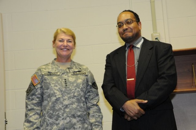 (From left) General Ann E. Dunwoody, former commanding general of Army Materiel Command, recognizes Shawn Costley for his work on USASAC&#39;s Iraq program. Costley worked security assistance and foreign military sales for USASAC for 35 years,...