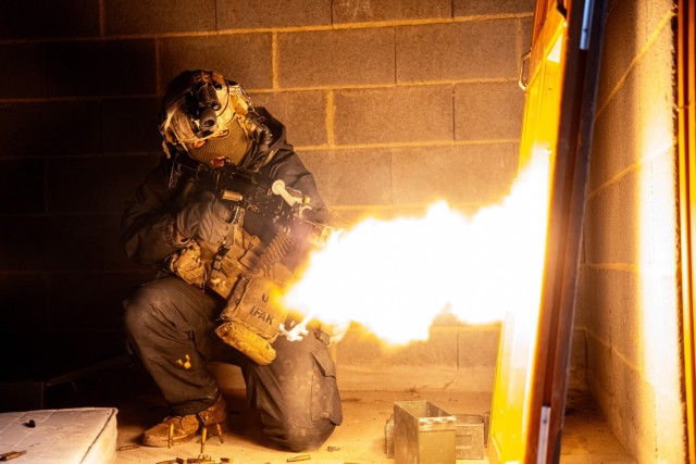 A U.S. Soldier assigned to 1st Battalion, 4th Infantry Regiment engages simulated opposing forces during Combined Resolve 25-1 at the Hohenfels Training Area, Joint Multinational Training Center (JMRC), Germany, Feb. 7, 2025. Combined Resolve is a...
