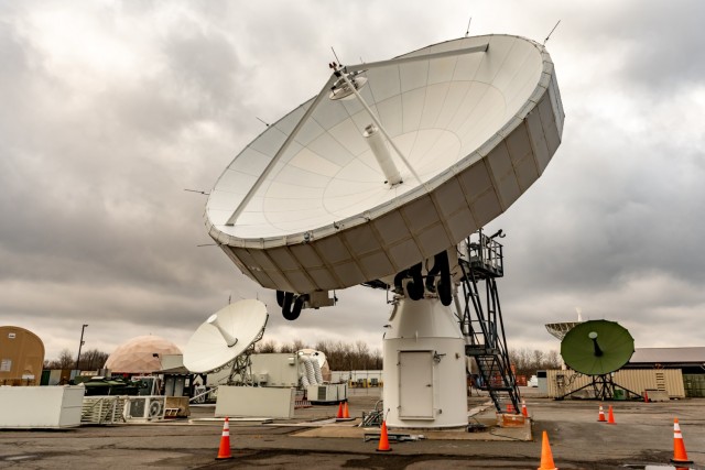 pieces of satellite communications equipment on a military installation