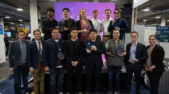 The xTechLive at CES 2025 competition winners, pictured alongside Dr. Matthew Willis, director, Army Innovation Programs (bottom far left), and Jessica Stillman, program manager, U.S. Army xTech Program (bottom far right).