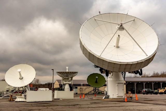 pieces of satellite communications equipment on a military installation