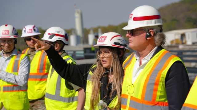 Cayce Grall, project manager with the U.S. Army Corps of Engineers Nashville District, points out features of the Chickamauga Lock Replacement Project to Rep. Mike Collins, Georgia Congressional District 10, chairman of the House Subcommittee on...