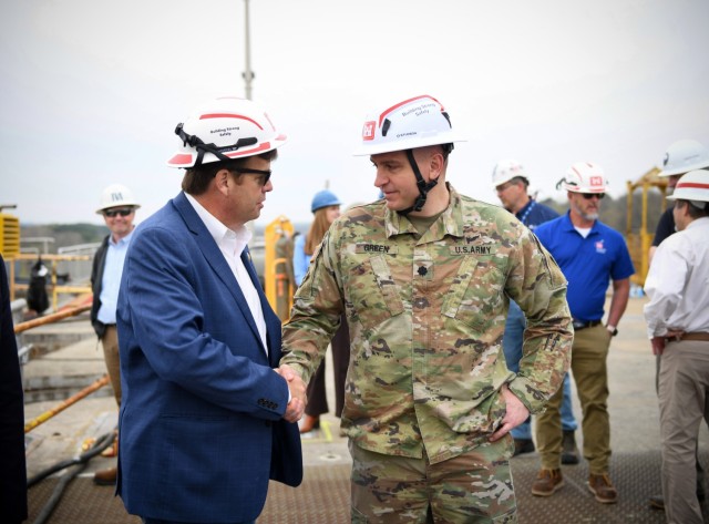 Rep. Dale Strong of Alabama’s 5th Congressional District meets Lt. Col. Robert Green, U.S. Army Corps of Engineers Nashville District commander, at Wilson Lock in Florence, Alabama, during a tour March 28, 2025. (USACE Photo by Noe Gonzalez)