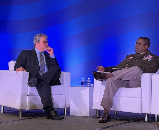 LTG David Wilson, Deputy Chief of Staff, G9 (right) speaks with panel moderator, John Conger, Conger Strategies president, on the second day of the 2025 ADC National Summit.
