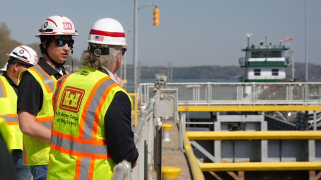 Chase Green, lock operator with the U.S. Army Corps of Engineers Nashville District, discusses current Chickamauga Lock operations with Rep. Mike Collins, Georgia 10th District, chairman of the House Subcommittee on Water Resources and...