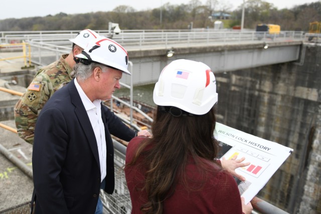 Megan Simpson (right), U.S. Army Corps of Engineers Nashville District Maintenance Section chief, briefs Rep. Mike Collins of Georgia’s 10th Congressional District on ongoing repair operations at Wilson Lock in Florence, Alabama March 28, 2025....