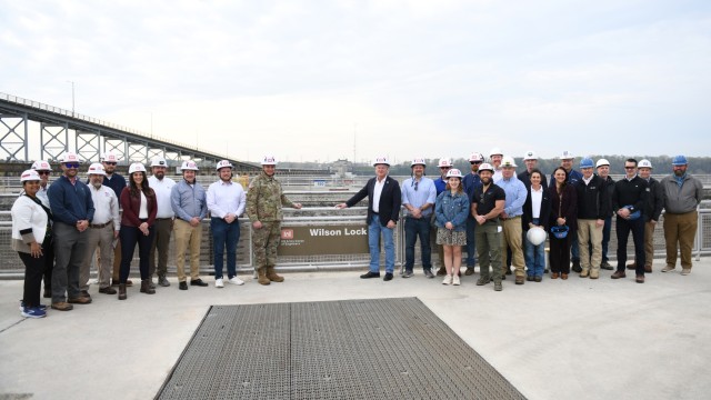 U.S. Army Corps of Engineers Nashville District and Tennessee Valley Authority officials pose with Rep. Mike Collins of Georgia’s 10th Congressional District and staffers during a tour March 28, 2025, at Wilson Lock in Florence, Alabama. The...