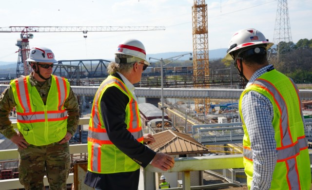 Rep. Mike Collins, Georgia 10th District, chairman of the House Subcommittee on Water Resources and Environment, views ongoing construction at the Chickamauga Lock Replacement Project in Chattanooga, Tennessee, March 28, 2025, as Joe Cotton,...