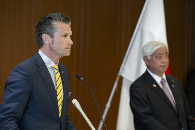 Secretary of Defense Pete Hegseth and Japanese Minister of Defense Gen Nakatani hold a joint press briefing at the Japanese Ministry of Defense in Tokyo, Japan, March 30, 2025.