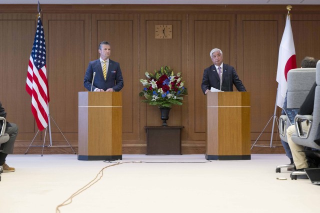 Secretary of Defense Pete Hegseth and Japanese Minister of Defense Gen Nakatani hold a joint press briefing at the Japanese Ministry of Defense in Tokyo, Japan, March 30, 2025.