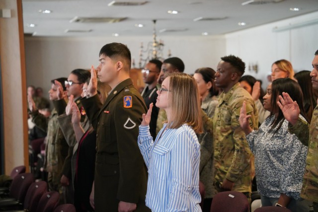 As part of a special program to naturalize active-duty service members and their Families, 32 new citizens hailing from 22 different countries were welcomed as citizens of the United States during a naturalization ceremony