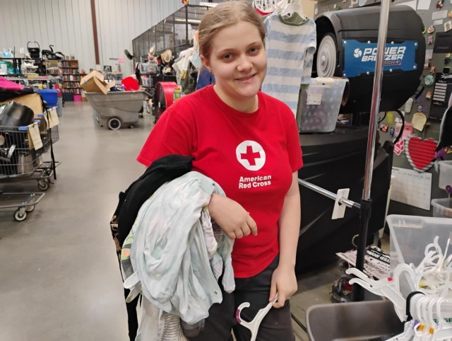 Maribel Sikes volunteers at the Fort Knox American Red Cross Warrior Warehouse at Fort Knox, Kentucky.