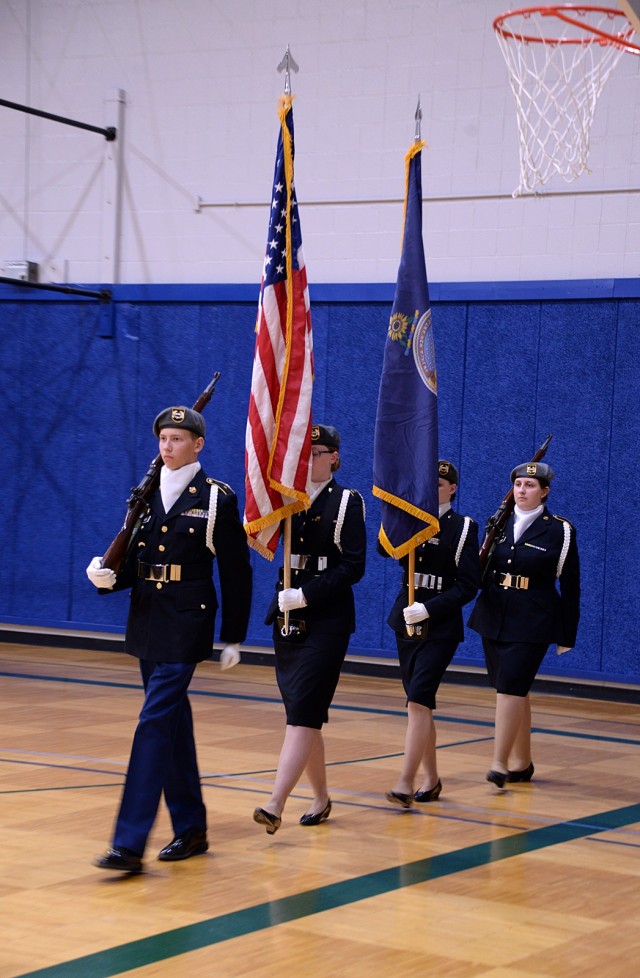 The Leavenworth High School Junior ROTC Color Guard — comprised of Cadet Staff Sgt. Kenneth Kramer II, Color Guard Commander Cadet Sgt. 1st Class Alexis Hoffman, Cadet Cpl. Madeleine Alexander and Cadet Pvt. Emily Kramer — present the colors...
