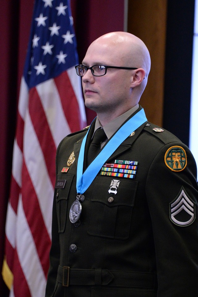 Staff Sgt. Quinlan Simpson, C Company, U.S. Disciplinary Barracks Battalion (Corrections), was inducted into the Fort Leavenworth Sergeant Audie Murphy Club Lamp Chapter March 28, 2025, at Fort Leavenworth, Kansas. Photo by Prudence Siebert/Fort...