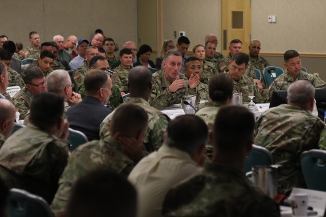 The I Corps Commanding General, Lt. Gen. Gary Volesky, addresses attendees at the Stryker Warfighter Forum Leader's Summit August 1, 2018 on Joint Base Lewis-McChord. The two-day summit brings together senior leaders, Department of the Army...