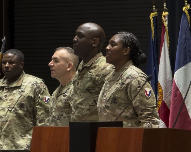 Maj. Gen. Michael B. Lalor, commanding general of TACOM, Command Sgt. Major Kofie Primus and Command Sgt. Maj. Kendra St Helen at the April 2, 2025, Change of Responsibility ceremony.