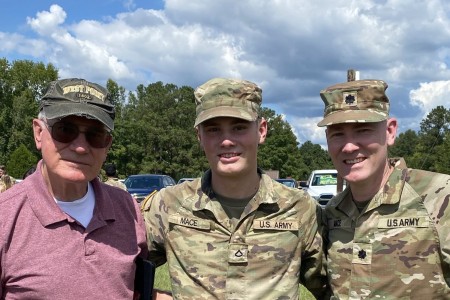 Three generations of the Mace family pose for a photo at Thor&#39;s basic training graduation in August 2024 at Fort Sill, Oklahoma.  From left to right is retired Lt. Cmdr. Robert Mace, Pfc. Thor Mace and Lt. Col. Brandon Mace.