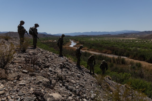 U.S. Soldiers assigned to 1st Battalion, 12th Infantry Regiment, 2nd Stryker Brigade Combat Team, begin their area recon along the southern border at Presidio, Texas on March 28, 2025. Under the direction of U.S. Northern Command, Joint Task Force...