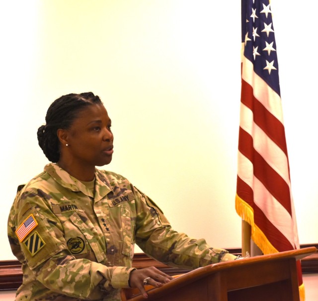 U.S. Army Lt. Gen. Donna W. Martin, the 67th Inspector General of the Army, addresses family, friends, and colleagues of Lt. Col. Jennifer Blackwell-Hawthorne at the Pentagon March 5, 2025. Martin dedicated the main Army IG conference room to the...