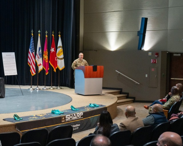 Maj. Gen. Michael B. Lalor, commanding general of U.S. Army Tank-automotive and Armaments Command, speaks during an April 7, 2025, National Sexual Assault Awareness and Prevention Month kickoff event.