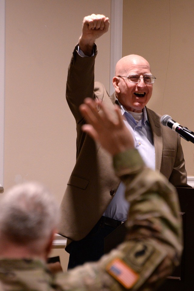 Guest speaker retired Maj. Gen. Gregg Martin asks leaders, including Chaplain (Col.) Sean Wead, Combined Arms Center and Fort Leavenworth senior chaplain, to raise their hands to join him in his mission to stop stigma associated with mental...