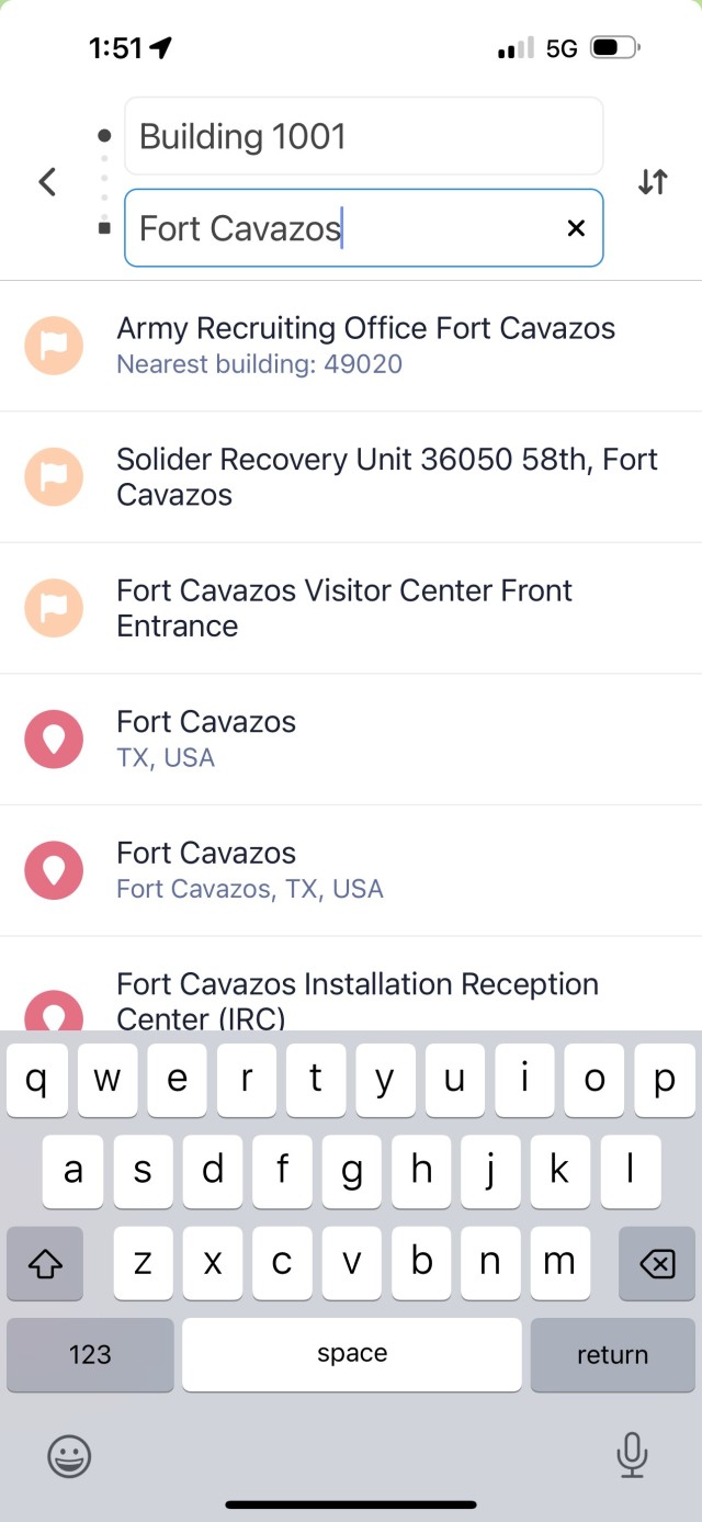 A screenshot of a phone screen, displaying a search with a list of locations to click on. At the bottom of the screen is a keyboard.