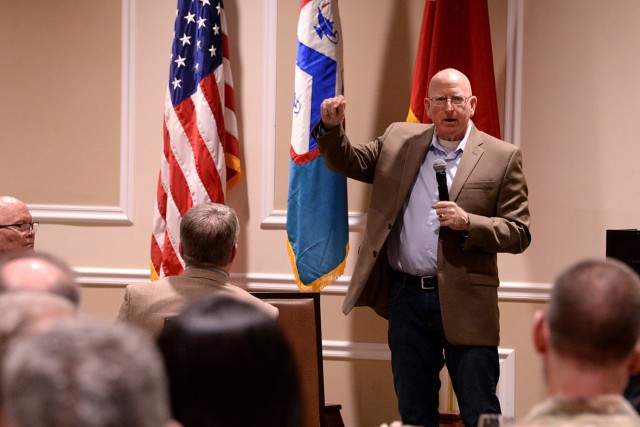Guest speaker retired Maj. Gen. Gregg Martin shares his message entitled "Keeping Faith to Battle Mental Illness, Stop Stigma and Save Lives," and responds to questions from the audience during the Fort Leavenworth National Prayer Luncheon April...