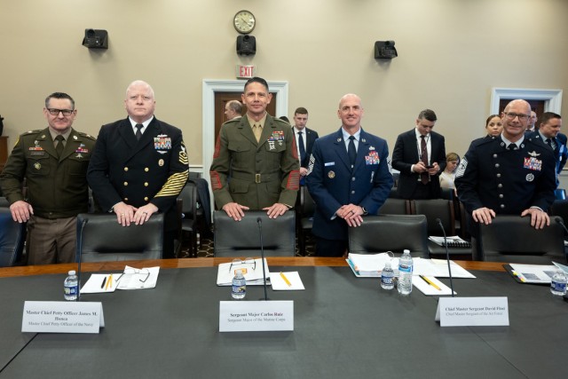 Senior enlisted leaders testify before the House Appropriations Committee in Washington, April 8, 2025. Among those were Sgt. Maj. of the Army Michael R. Weimer, left, Master Chief Petty Officer of the Navy James Honea, second left, and Chief...