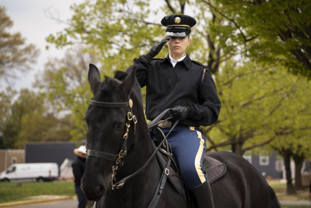 Sgt. Natalee J. Silva, an Infantryman (11B) assigned to Caisson Detachment, 3d U.S. Infantry Regiment (The Old Guard), Military District of Washington, salutes during a Military Full Honors Escort (MFHE) validation, Fort Myer, Va., April. 10,...
