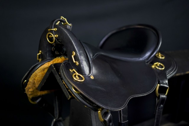 The Circle Y Cascade Crossover Saddle belonging to the Caisson Detachment, 3d U.S. Infantry Regiment (The Old Guard), is seen on display on April 3, 2025, on Fort Myer, Va. The saddle succeeds the Army's traditional McClellan Saddle as the unit...