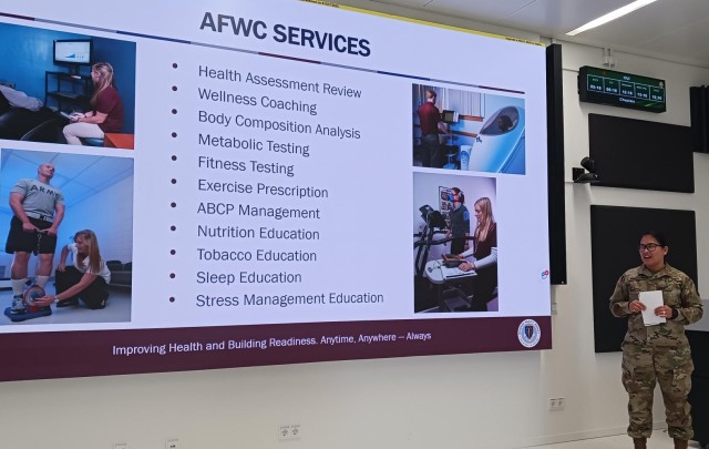 Maj. Charishlyn Weintraub, chief of Army Public Health Nursing with the Wiesbaden Clinic and AFWC supervisor, provides an overview of the programs and services available to civilian employees.