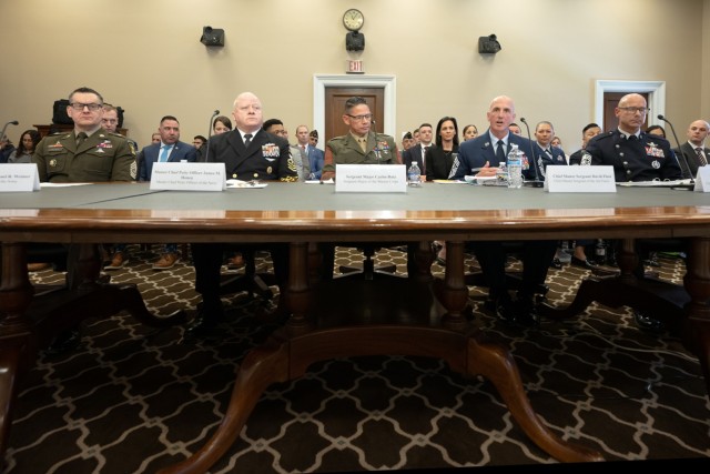 Senior enlisted leaders testify before the House Appropriations Committee in Washington, April 8, 2025. Among those were Sgt. Maj. of the Army Michael R. Weimer, left, Master Chief Petty Officer of the Navy James Honea, second left, and Chief...