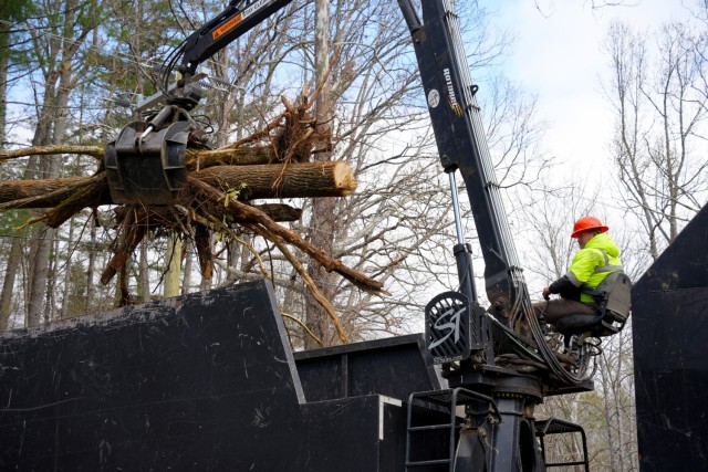 Contractors supporting the U.S. Army Corps of Engineers remove vegetative and manmade debris—including tires and other obstructions—from Bear Creek in Mitchell County, North Carolina, April 8, 2025. The debris removal effort is part of the...