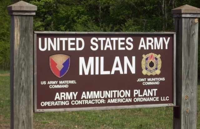 The Milan Army Ammunition Plant sign marks one of the entry points to the installation.
