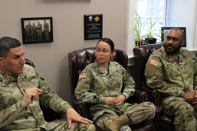 PICATINNY ARSENAL, N.J. - (From left) - Command Sgt. Maj. David M. Franks, Sgt. Tisha Rivera, Sgt. 1st Class Randy McKire Jr.