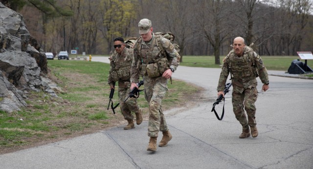 New York Army National Guard Soldiers take on the 12-mile ruck march to test endurance and resilience during the 2025 State Best Warrior Competition at Camp Smith Training Site, near Peekskill, N.Y., April 5, 2025. The Best Warrior Competition,...