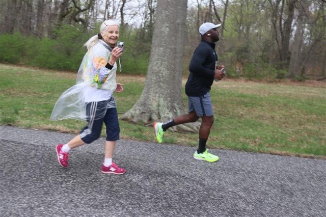 Military family member Carol Kemnitz, 78, of Palmdale, California, takes a selfie while participating in APG’s sixth annual Run to Honor 5K race on April 5, 2025, as part of her goal to run a 5K road race in all 50 states. As a nod to her goal,...