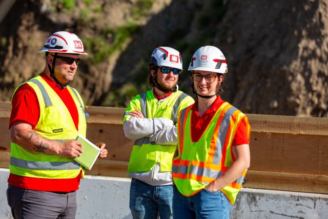U.S. Army Corps of Engineers contractors perform a 360-degree walkthrough of a property damaged in the Southern California wildfires in preparation for debris removal later in the week along Pacific Coast Highway in Malibu, California, April 6,...