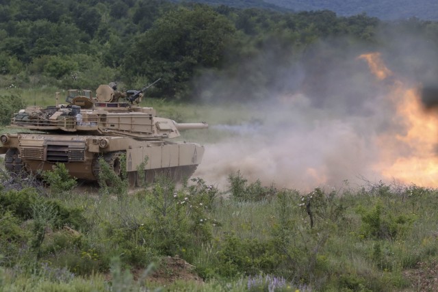 NOVO SELO TRAINING RANGE, Bulgaria — A U.S. Army M1A2 Abrams tank fires upon its target during a live-fire exercise in support of Saber Guardian at Novo Selo Training Range, May 30, 2021. Saber Guardian 21 is a linked exercise of DEFENDER-Europe...