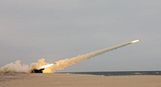 The 1st battalion, 14th Field Artillery, fires the High Mobility Artillery Rocket System (HIMARS), which can fire traditional rocket artillery rounds or long-range missiles with various payloads, in Ustka, Poland, during Immediate Response as part...
