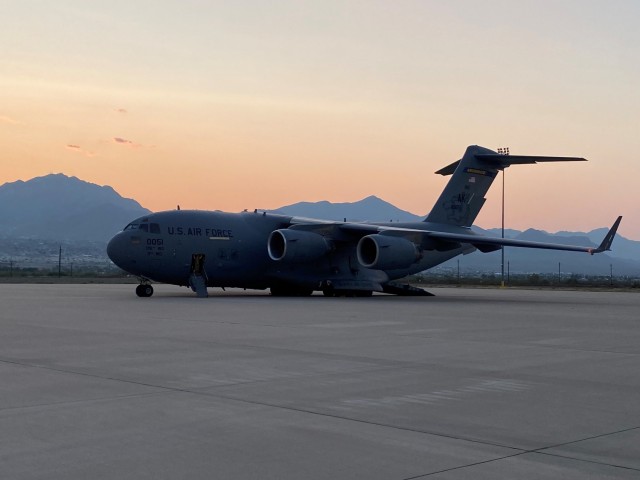 A C-17 Globemaster III transport aircraft stands ready to participate in multi-modal deployment and a simulated exercise during 1st Armored Division’s 2024 Warfighter 25-01 at Fort Bliss, Texas, Oct. 7, 2024.