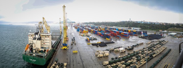 The Port of Setubal, Portugal on Dec. 7. The 21st Theater Sustainment Command supported the first U.S. and Portuguese mission at the port. The mission, a collaboration between the 21st TSC, 598th Transportation Brigade, the Portuguese military and...