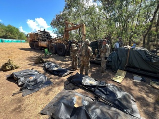 CLP 1’s Platoon Sergeant SFC Estrada oversees the preparation and staging of combat configured loads in human remains bags to be distributed deep into Hawaii’s jungle terrain on Infantry Squad Vehicles, October 3, 2024.
